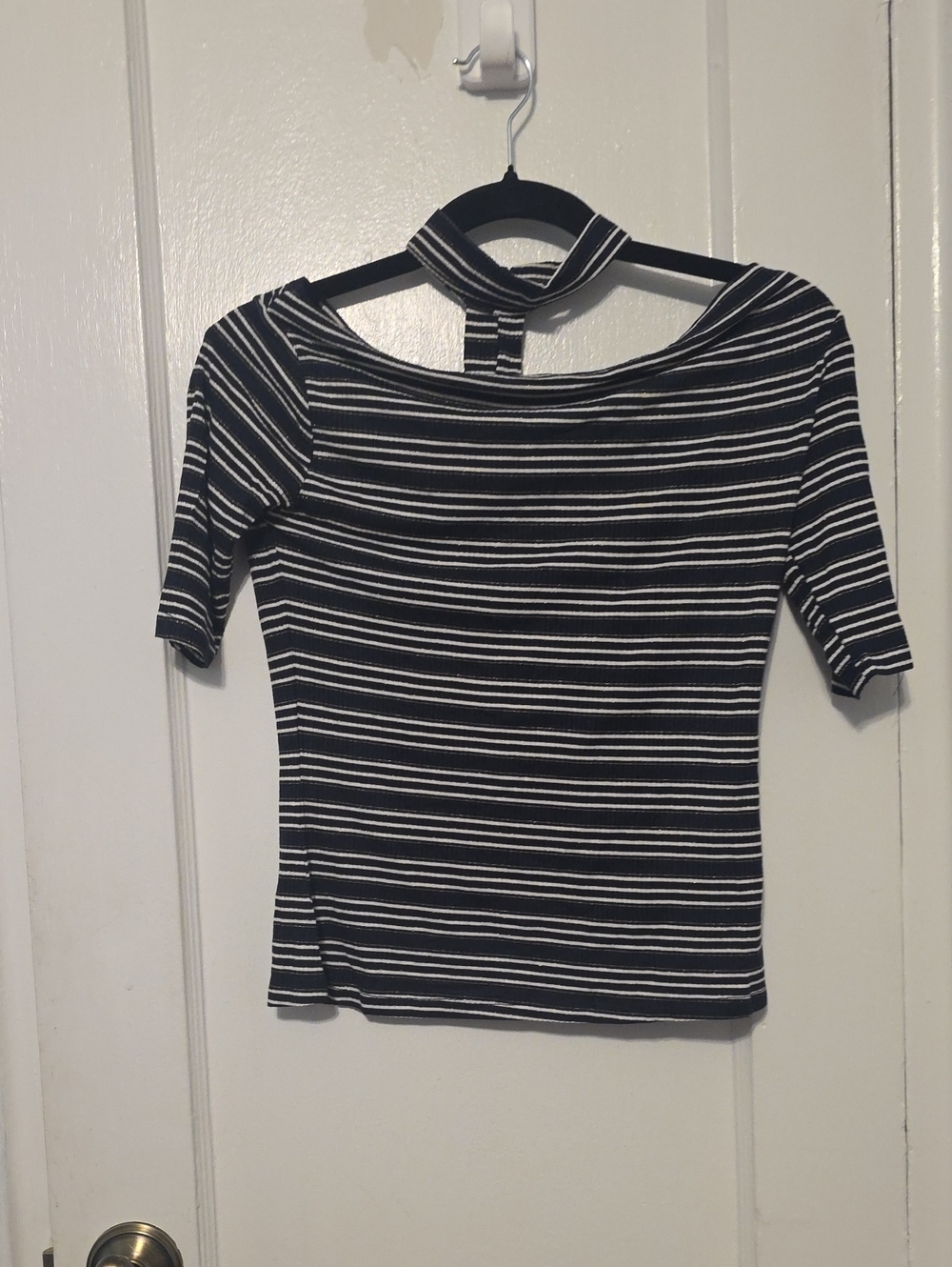Hayden Black and White Striped Off-Shoulder Crop Top with Choker